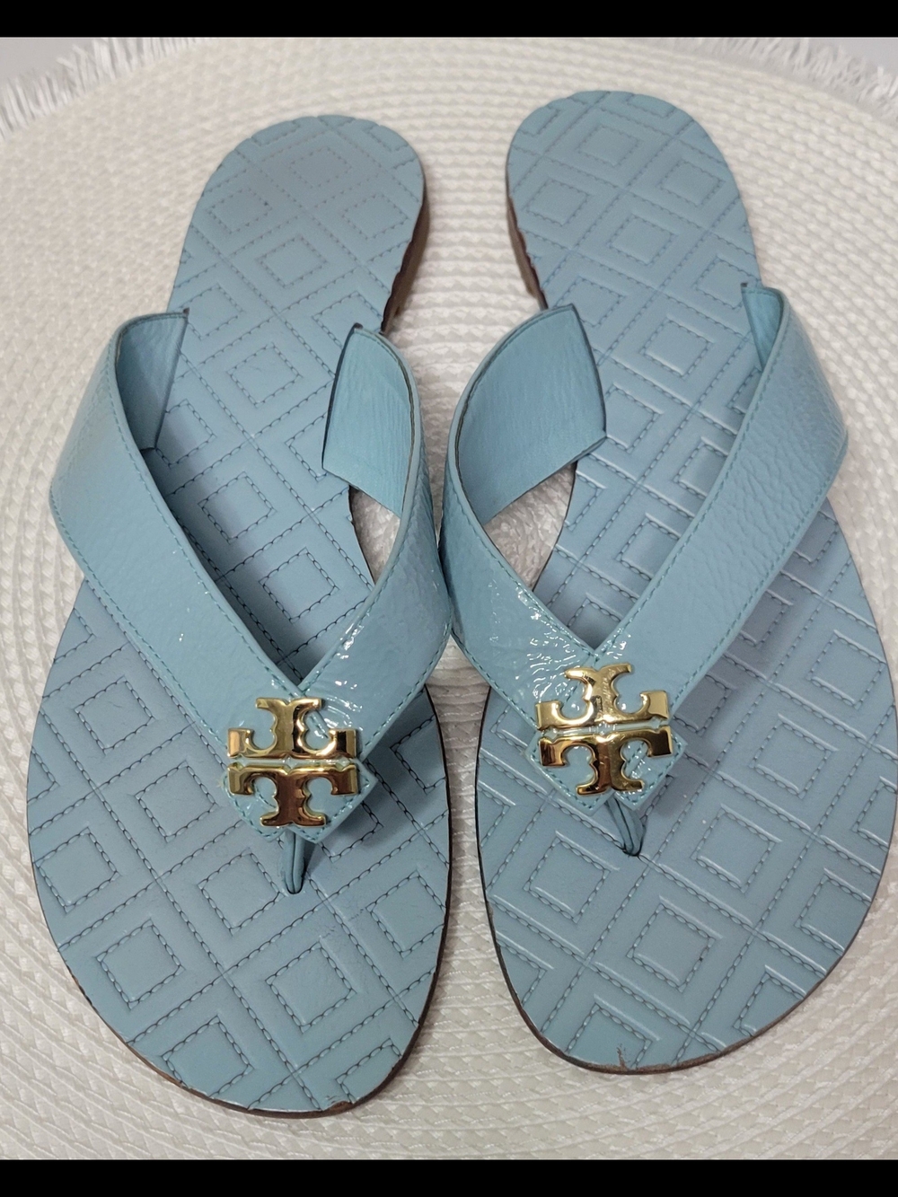 Tory Burch Sky Blue Maybell Patent Leather  Thong Sandals - Worn Once